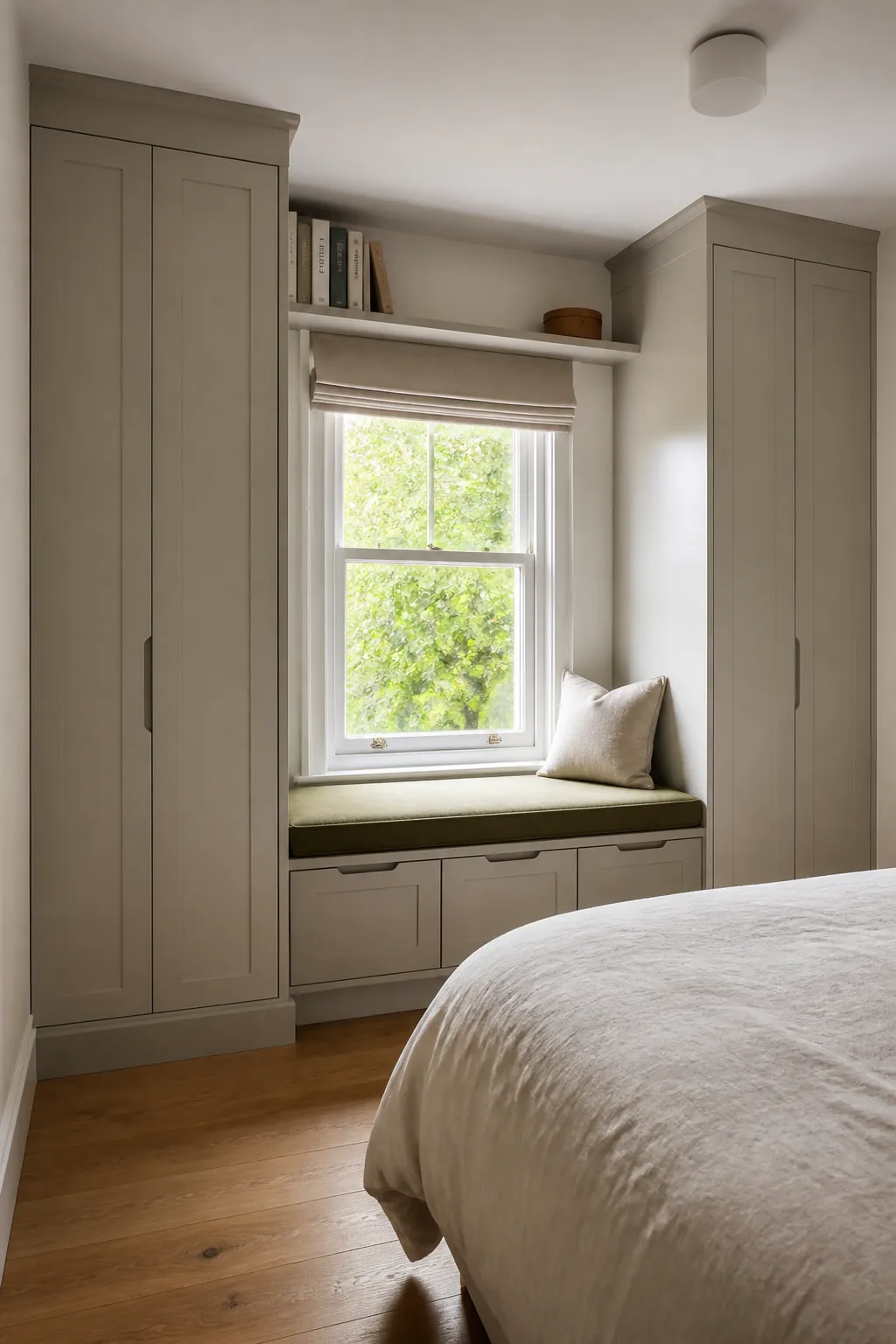Bedroom window seat framed by fitted wardrobes and overhead shelves