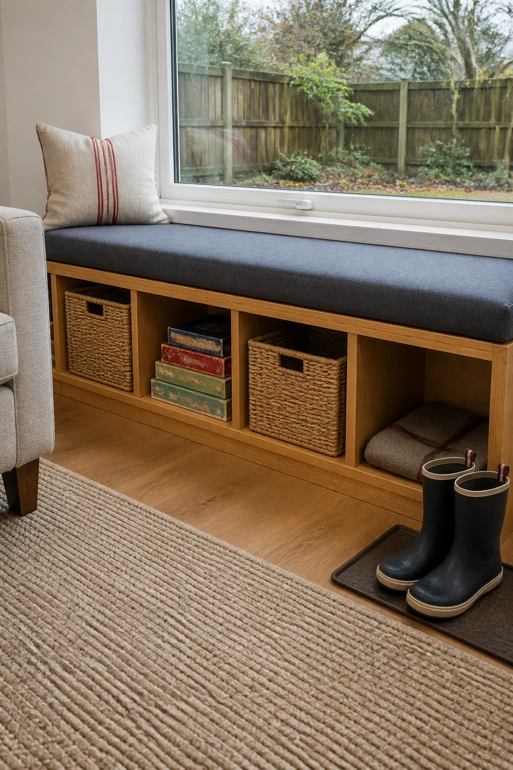 Low oak window bench with open basket storage and washable cushion