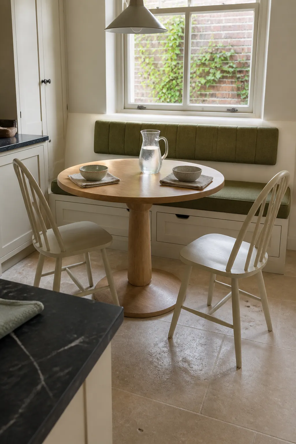 Breakfast window seat paired with a compact round pedestal table