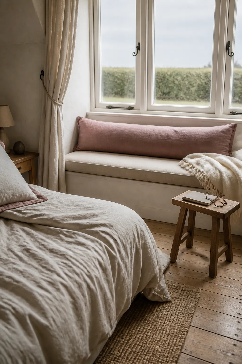 Soft linen bedroom window seat with a long lumbar cushion and light throw