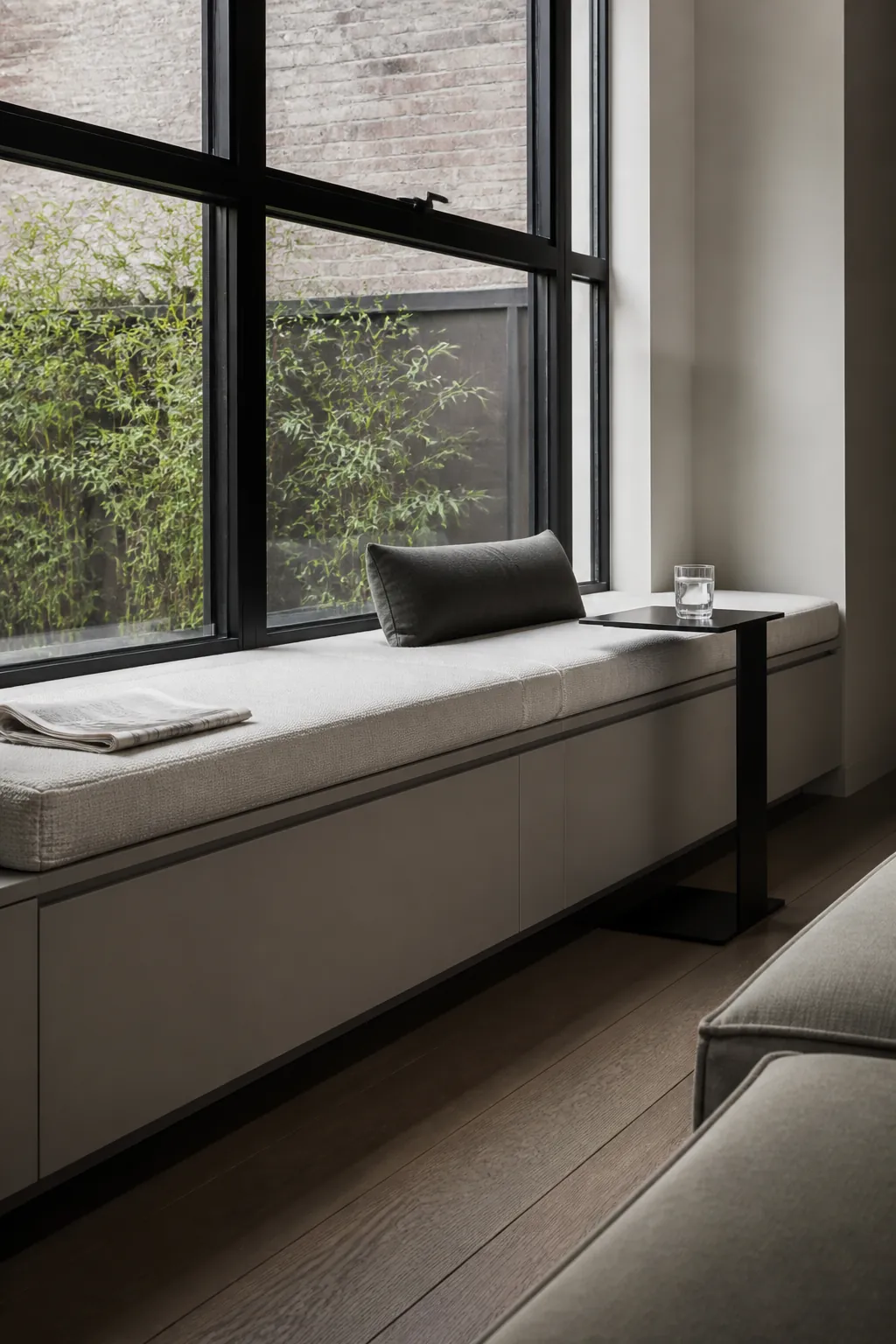 Modern window seat beneath black framed glazing with pale tailored upholstery
