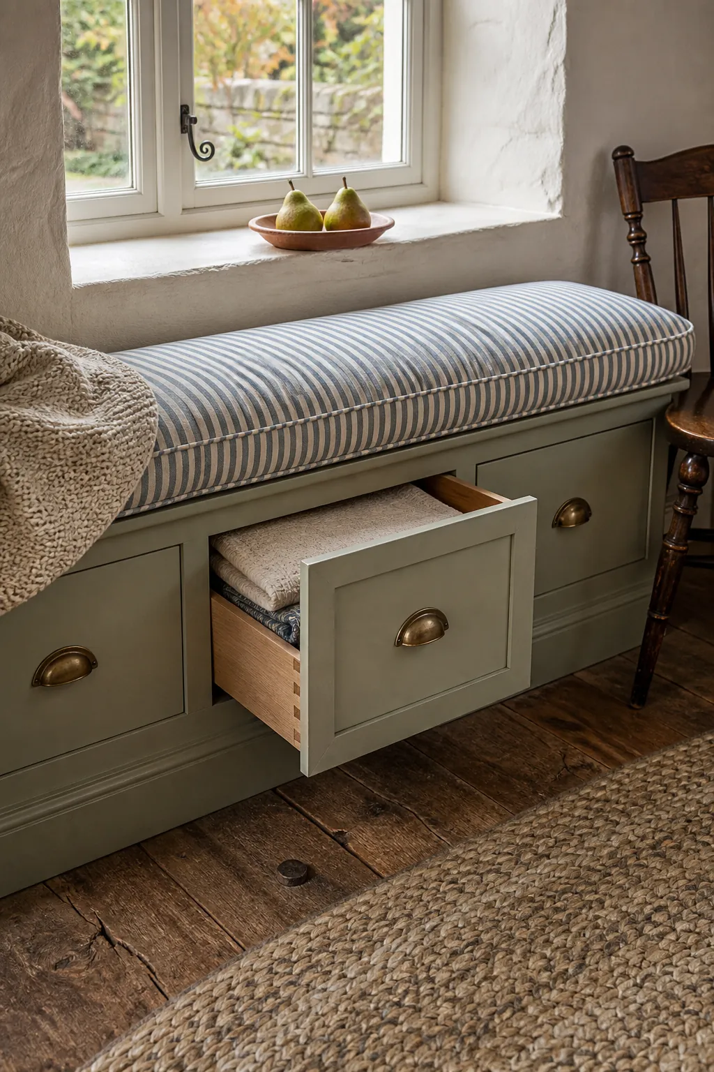 Cottage window bench with Shaker drawers and a striped cushion