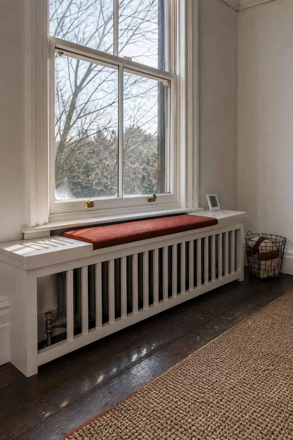 Slatted window bench designed to preserve airflow around a radiator