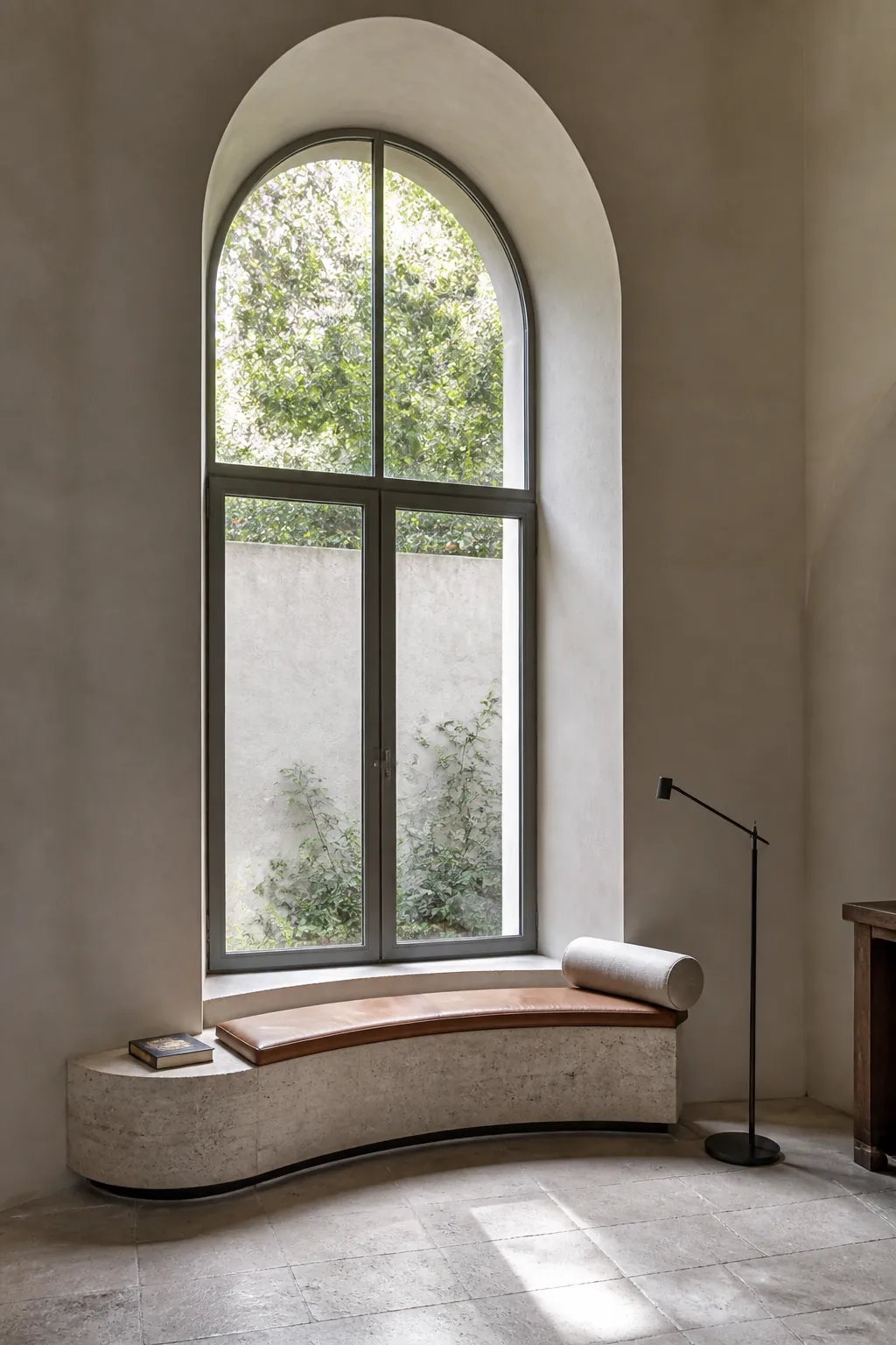 Simple curved seat beneath a tall arched window with clear glazing
