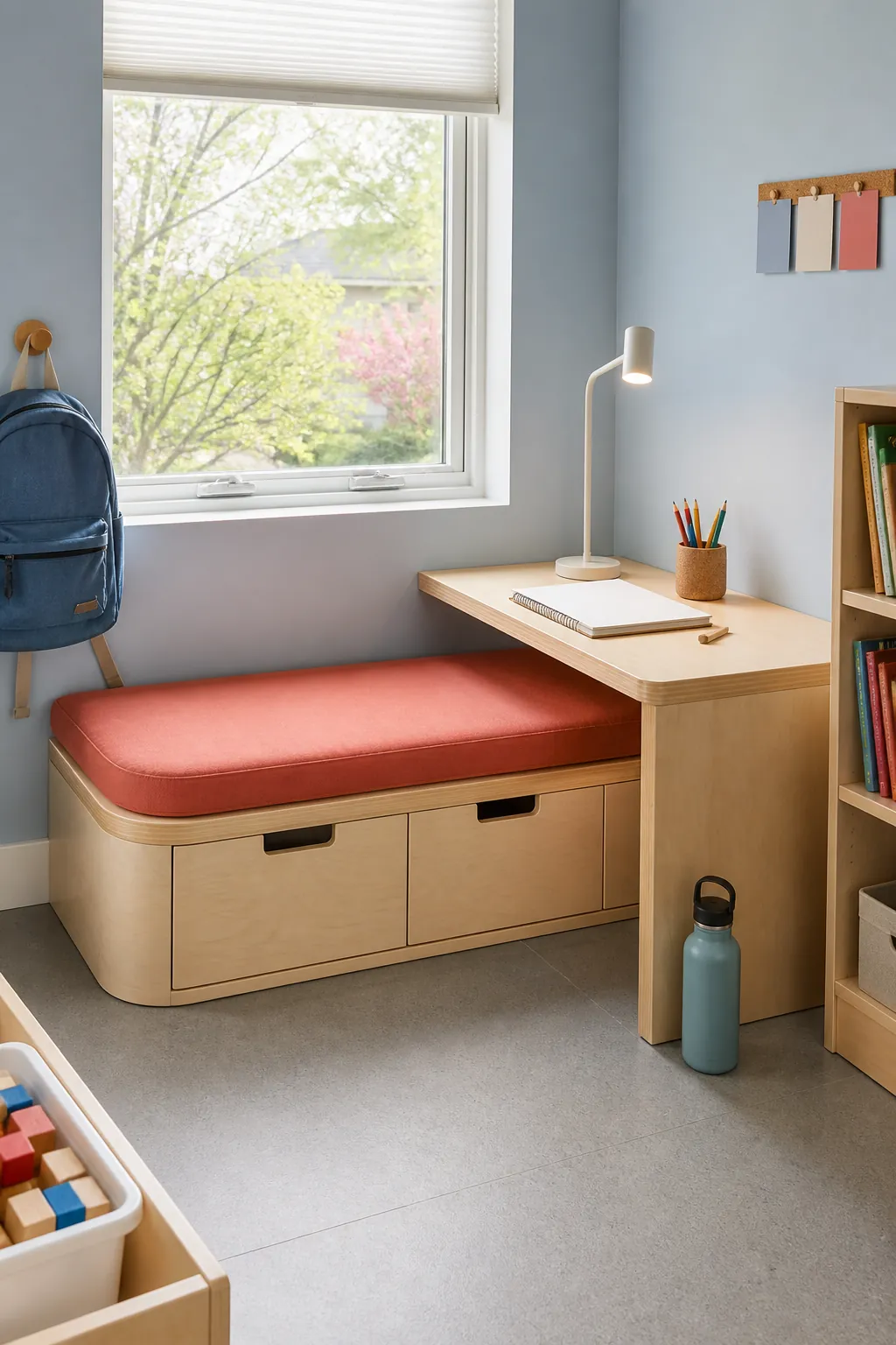 Child friendly window homework nook with rounded bench and low drawers