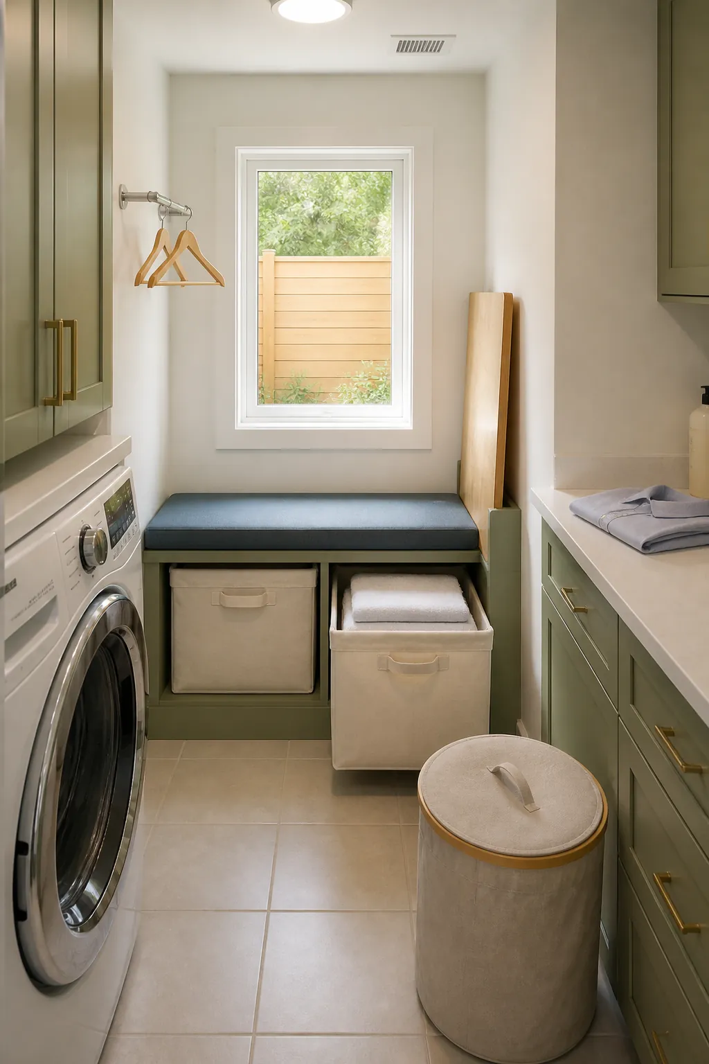 Laundry room window bench with pull out linen bins and firm cushion