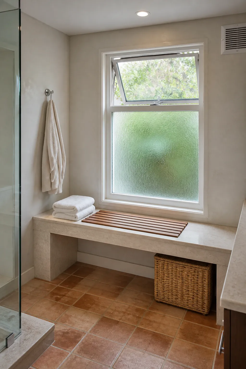 Moisture resistant bathroom window perch with privacy glass and folded towels