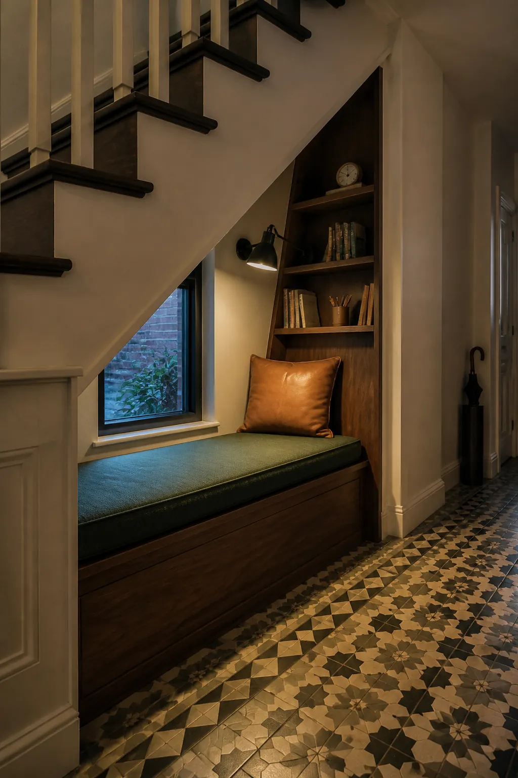 Under stair window hideaway with fitted bench and book shelves