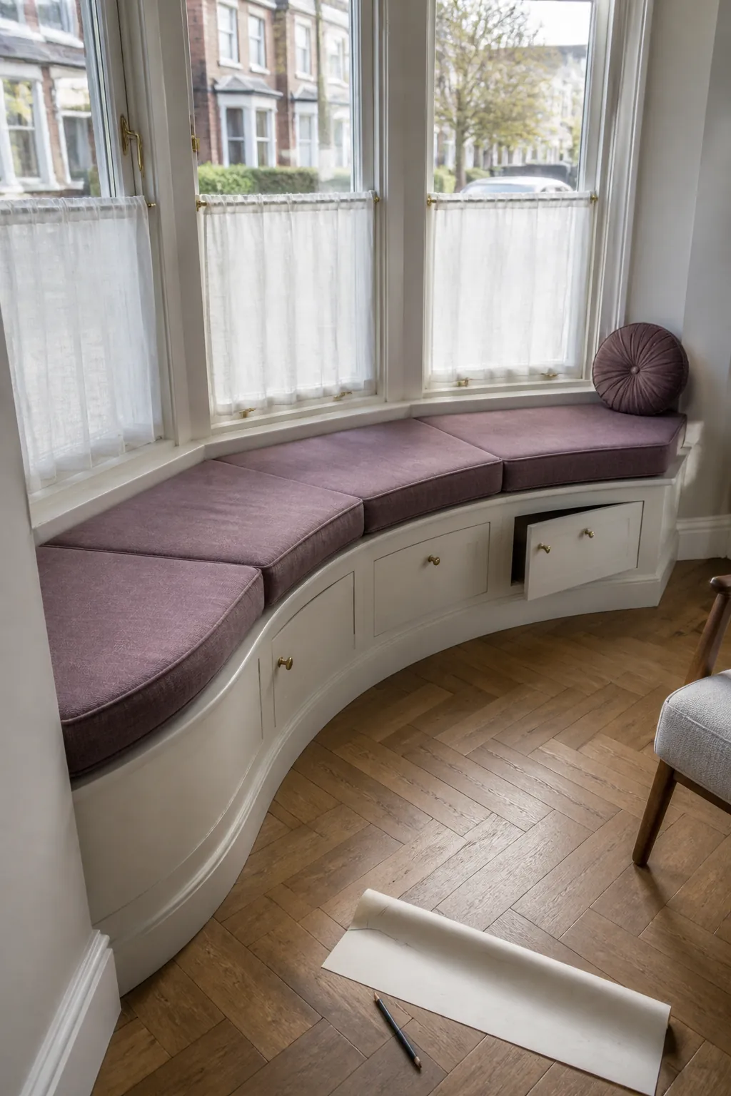 Curved bow window banquette with fitted segmented cushions