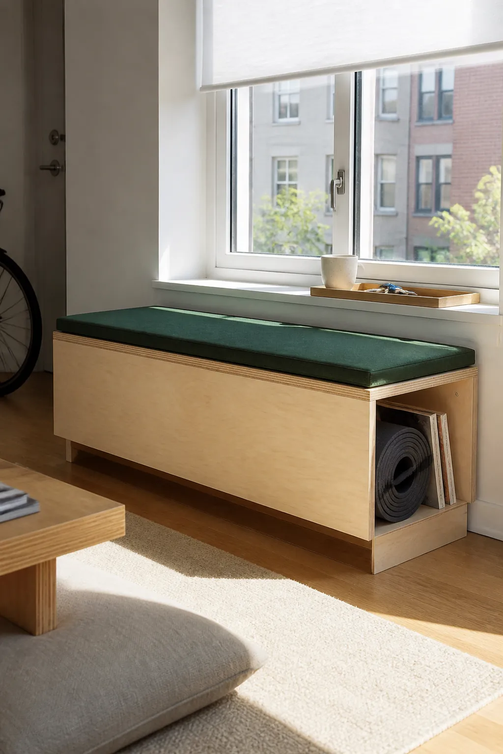 Minimal plywood window box bench with recessed base and single cushion