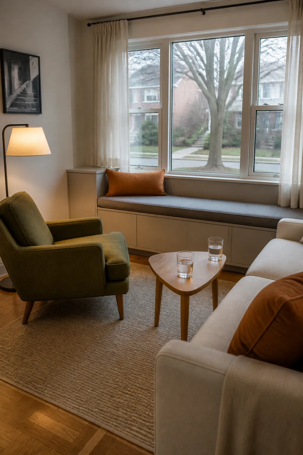 Living room conversation window bench paired with an angled chair and side table