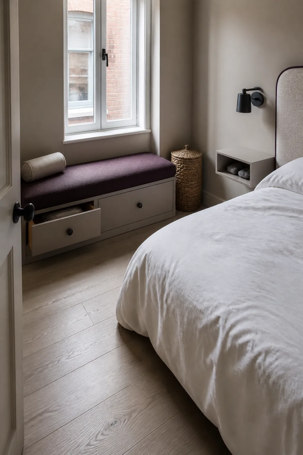 Compact bedroom window seat beside the bed with coordinated upholstery