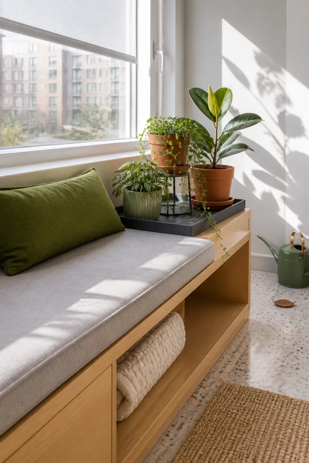 Sunlit window nook with a pale timber bench and grouped houseplants