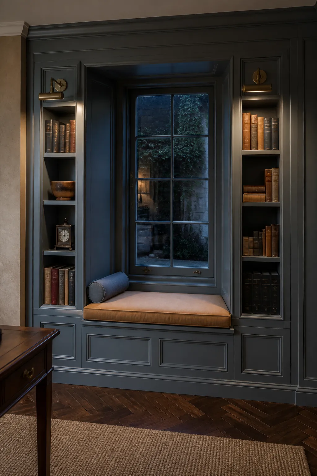 Traditional panelled window alcove with tailored wool cushion and side shelves