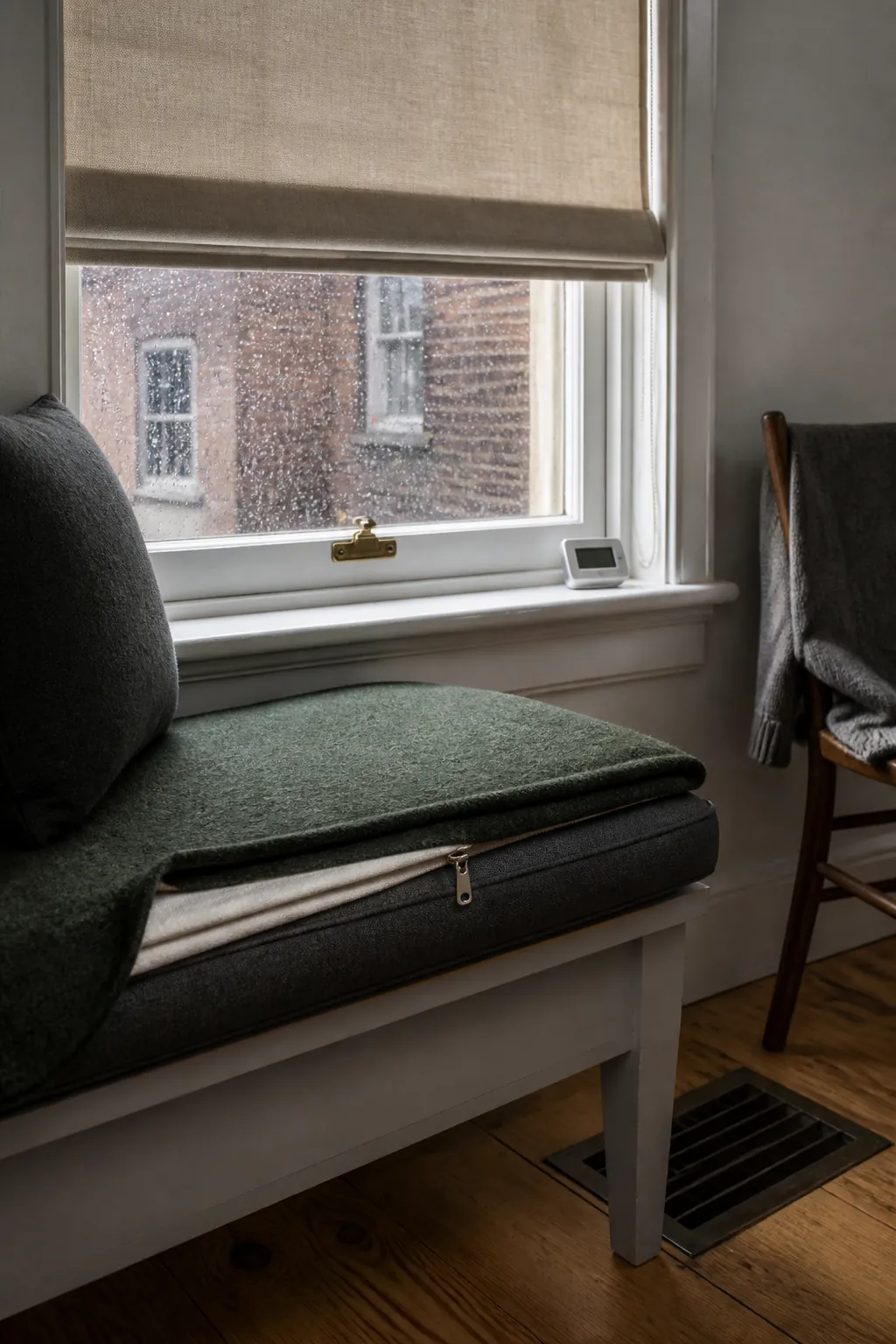 Layered window seat in an older room with lined shade and warm wool cushion