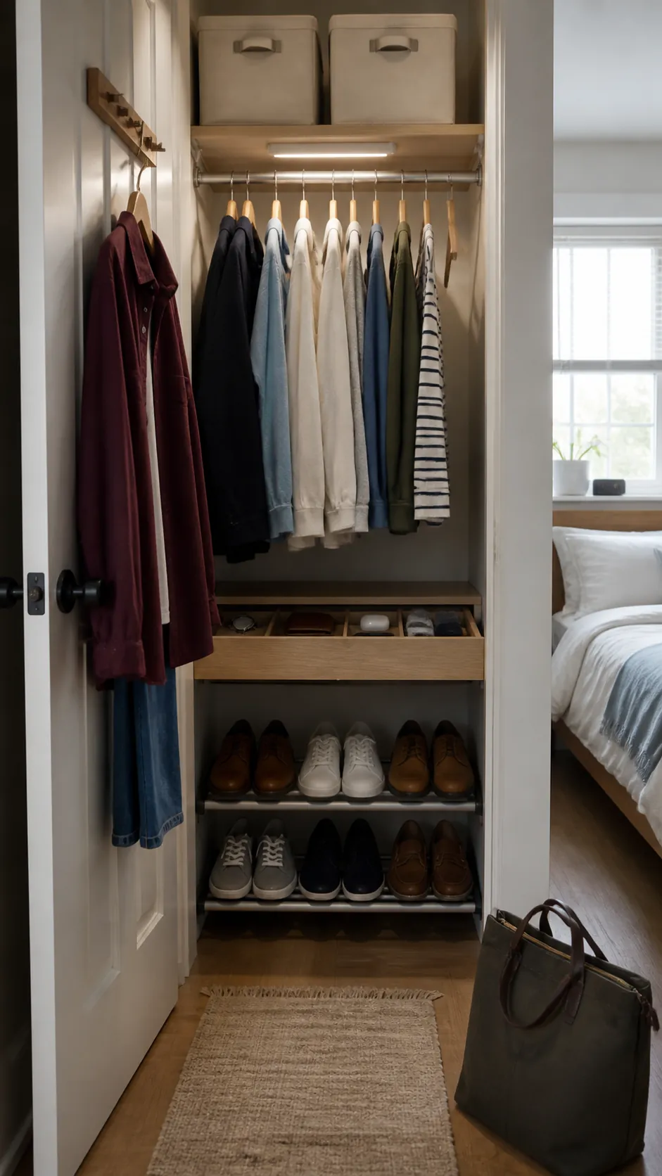 Morning ready small closet with easy outfit and shoe access