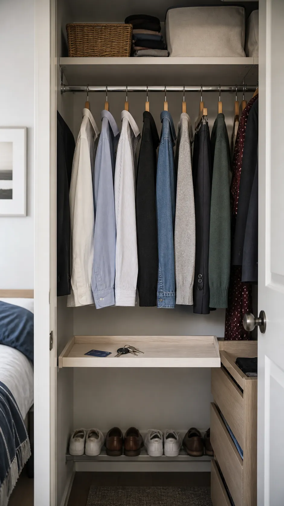 Weekly wardrobe zone placed at eye level in a small closet