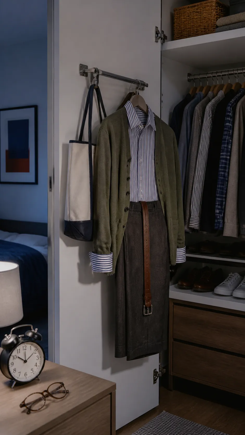 Tomorrow outfit prepared on a small closet valet rod