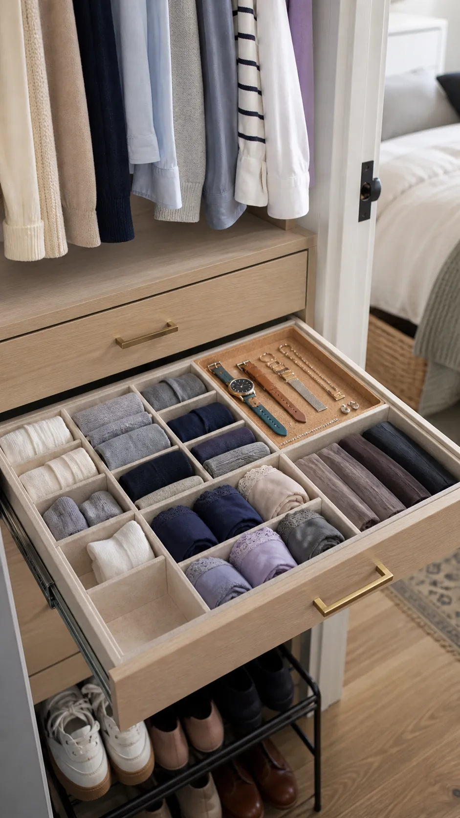 Morning essentials organized in a shallow top drawer