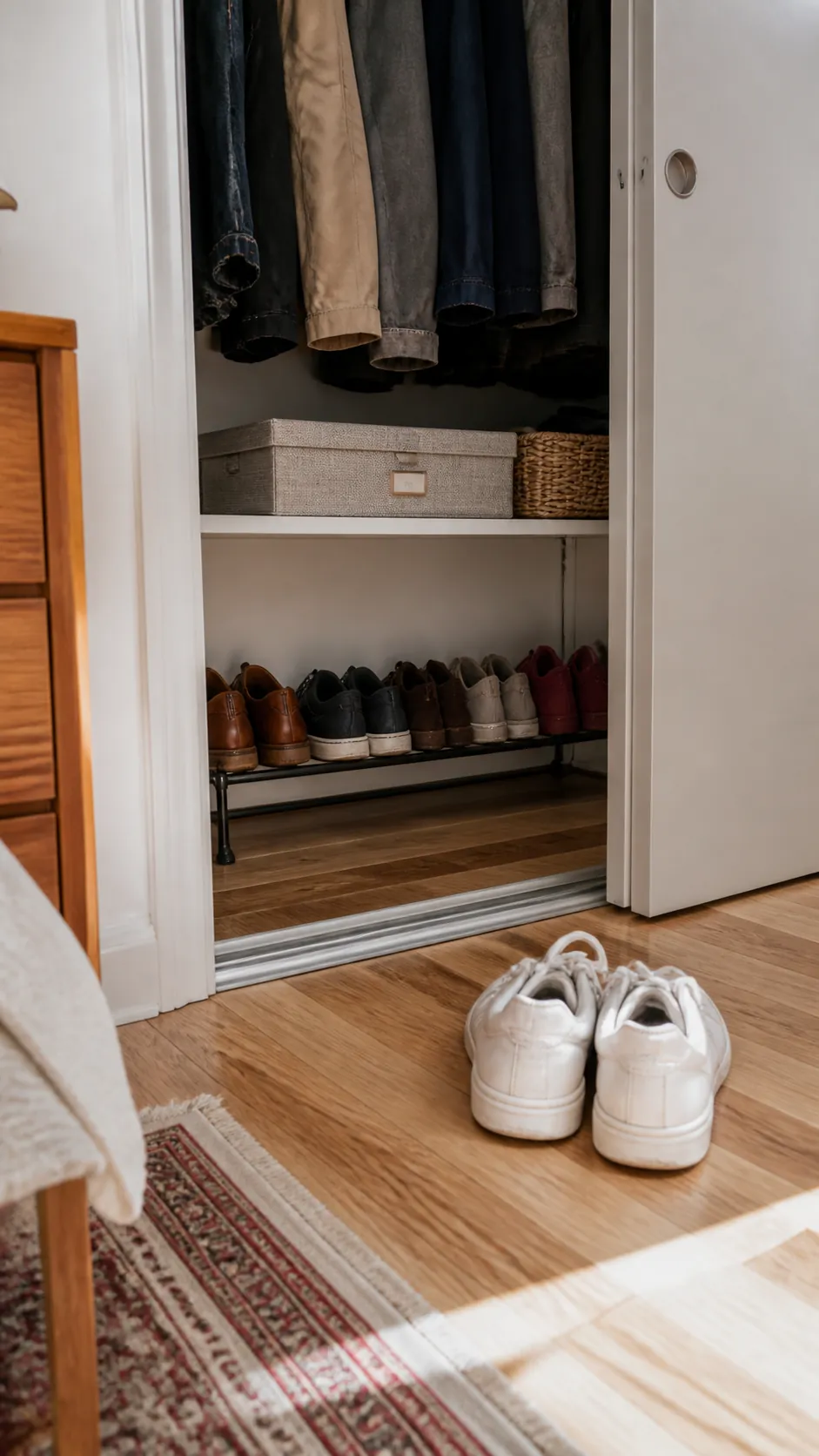 Accessible row of daily shoes inside a compact closet