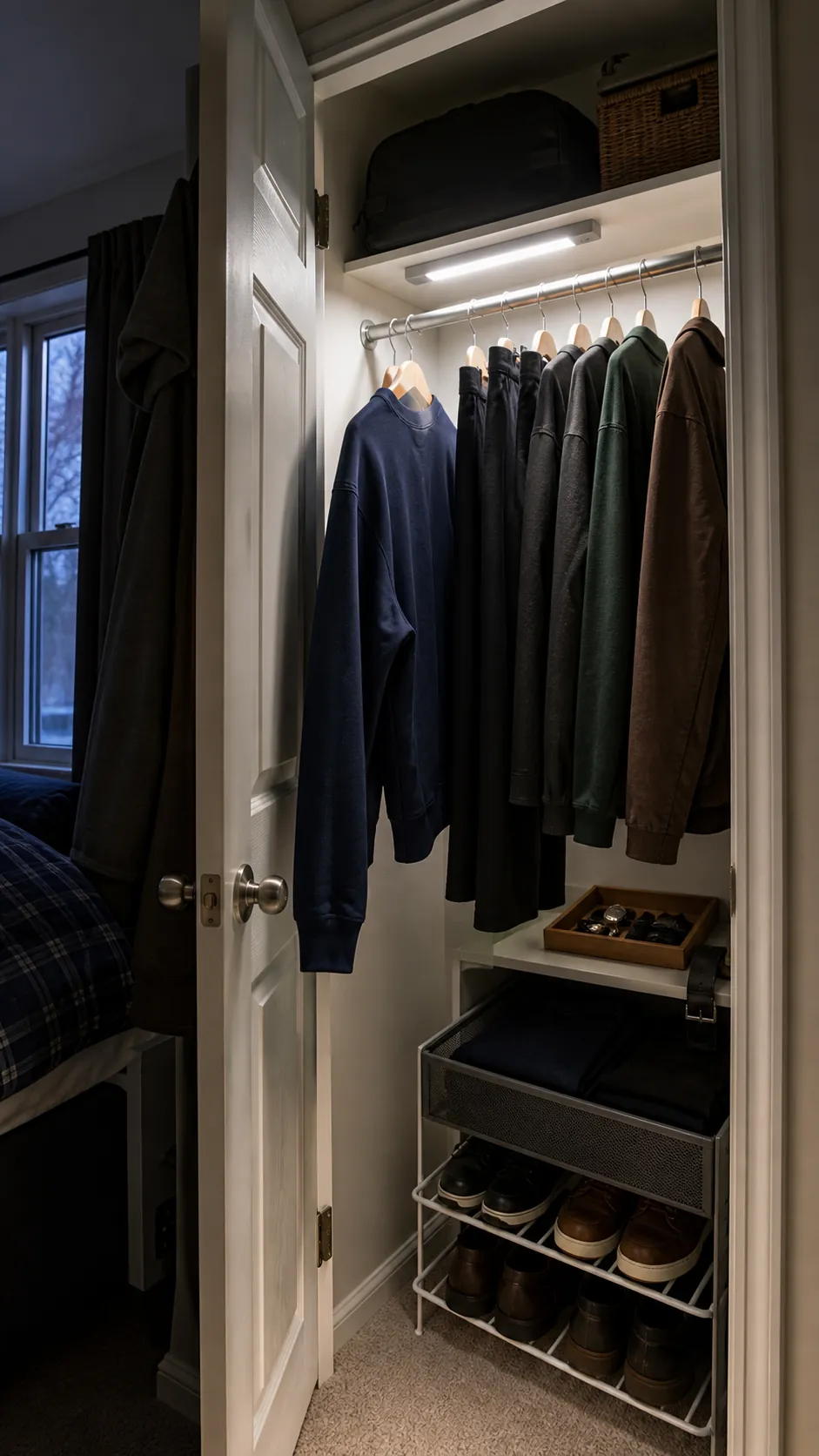 Neutral motion lighting showing true clothing colors in a small closet