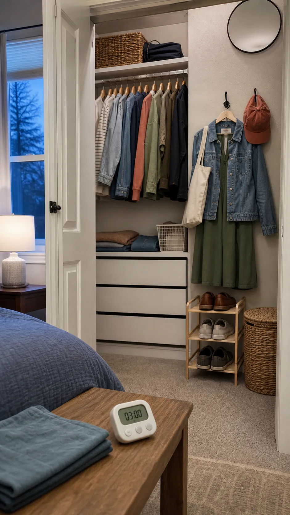 Small closet prepared for morning after a three minute evening reset