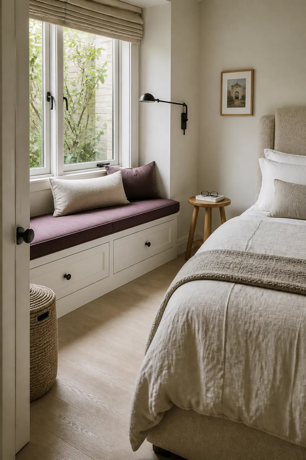 Calm bedroom with a fitted window seat beside the bed and clear walking space