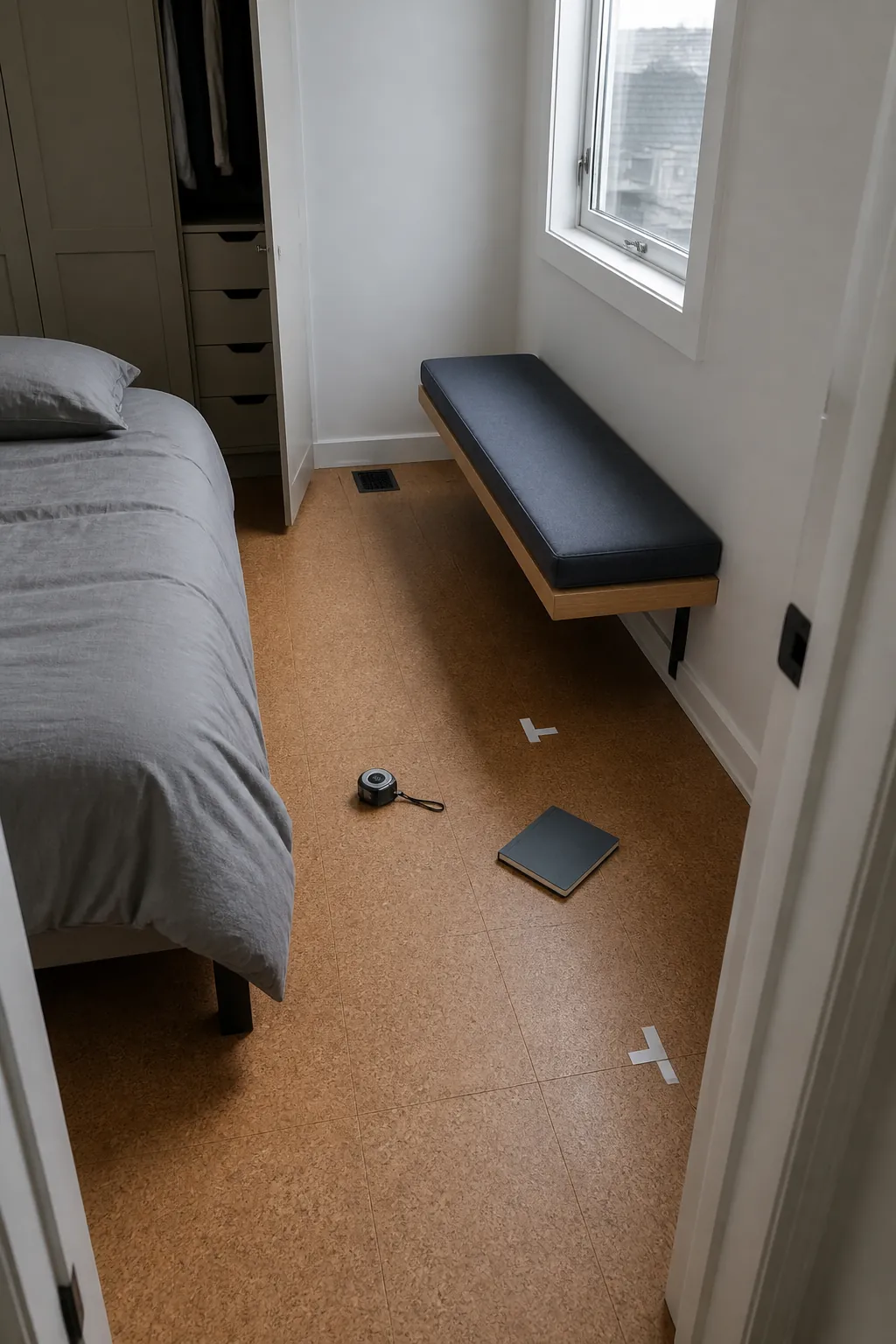 Bedroom window bench positioned with clear walking space beside the bed