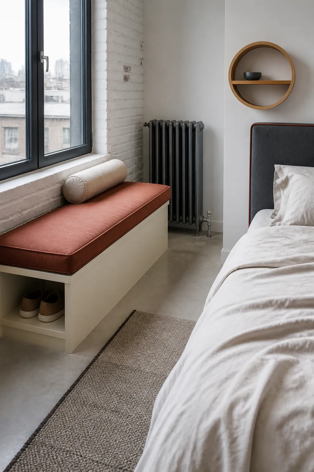 Window seat coordinated with a nearby bed and compact bedroom layout