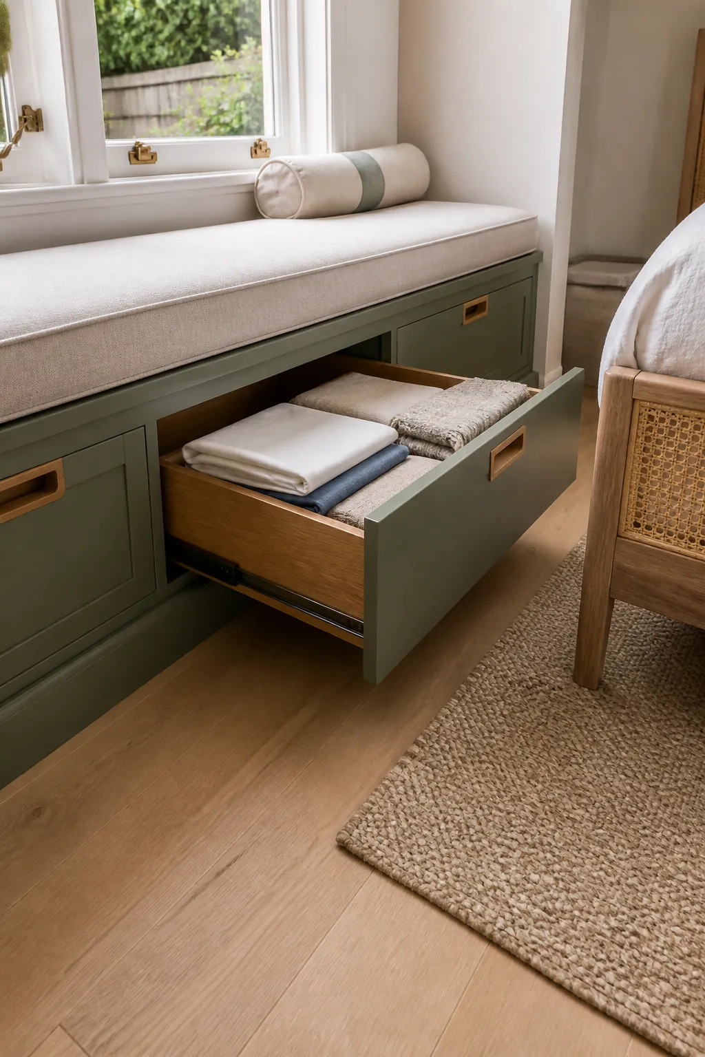 Bedroom window bench with accessible drawers for bedding and seasonal storage