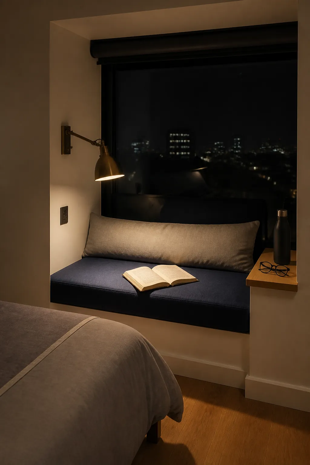 Evening bedroom window reading nook with wall lamp and a small side ledge