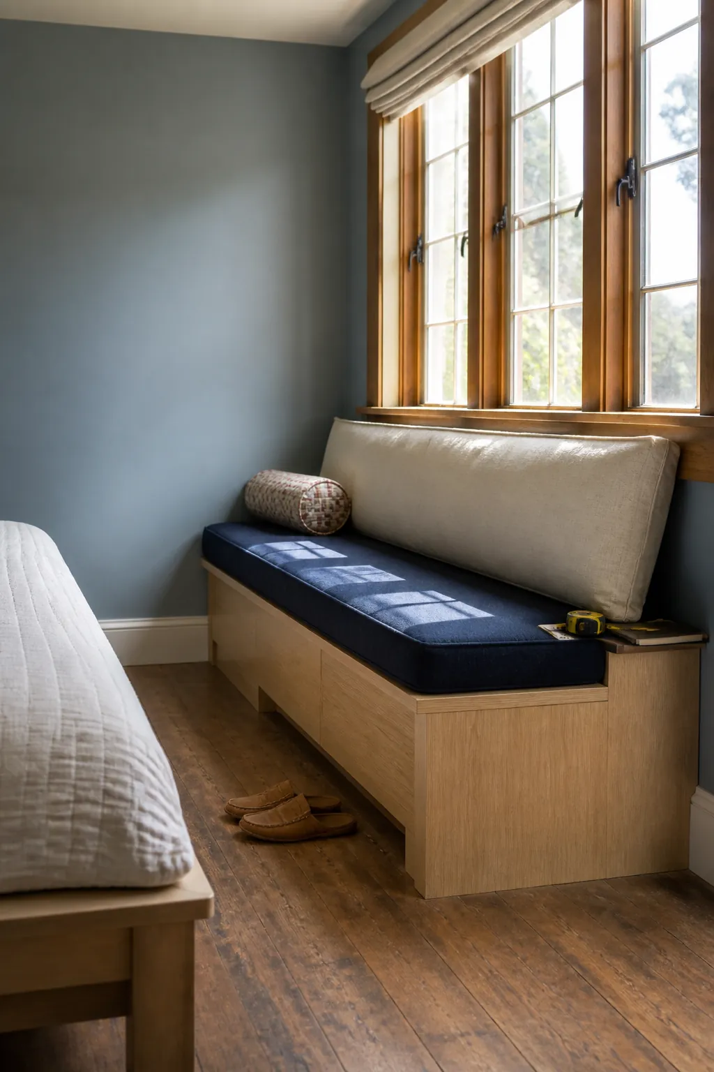 Comfortable bedroom window bench with supportive cushions