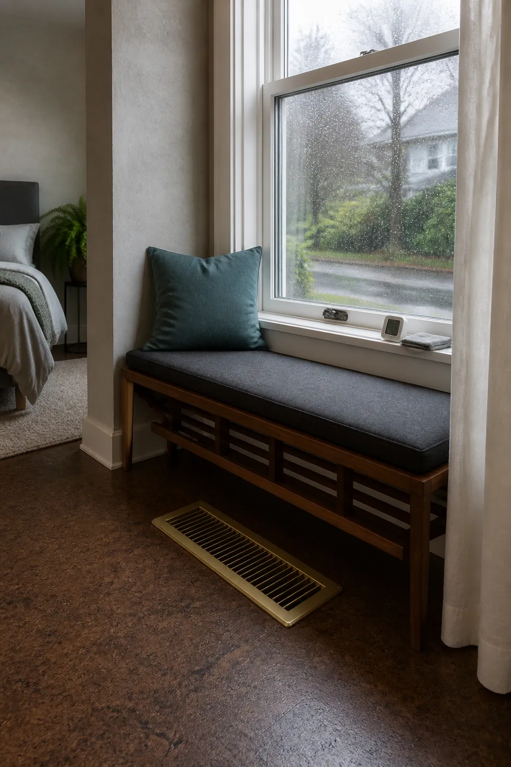 Bedroom window seat with safe airflow and window clearance