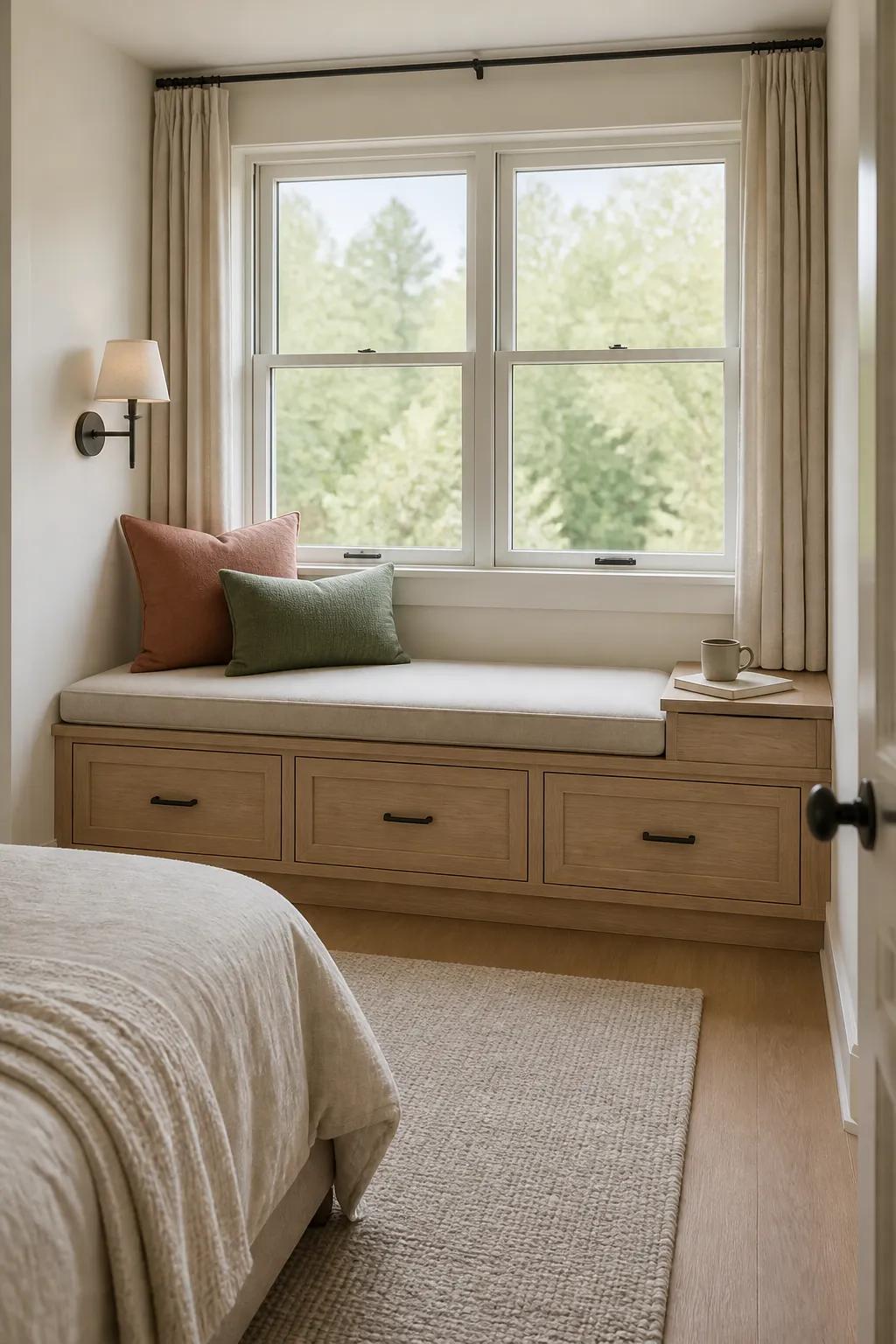 Inviting bedroom window seat with practical storage and soft daylight