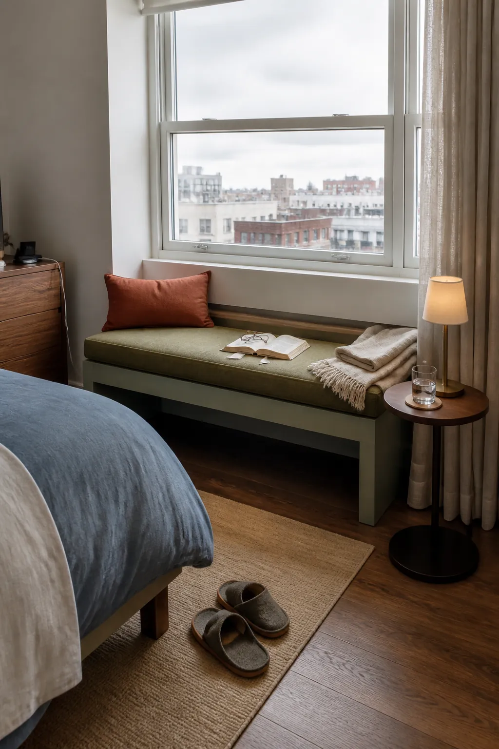 Bedroom window seat arranged as a practical reading nook