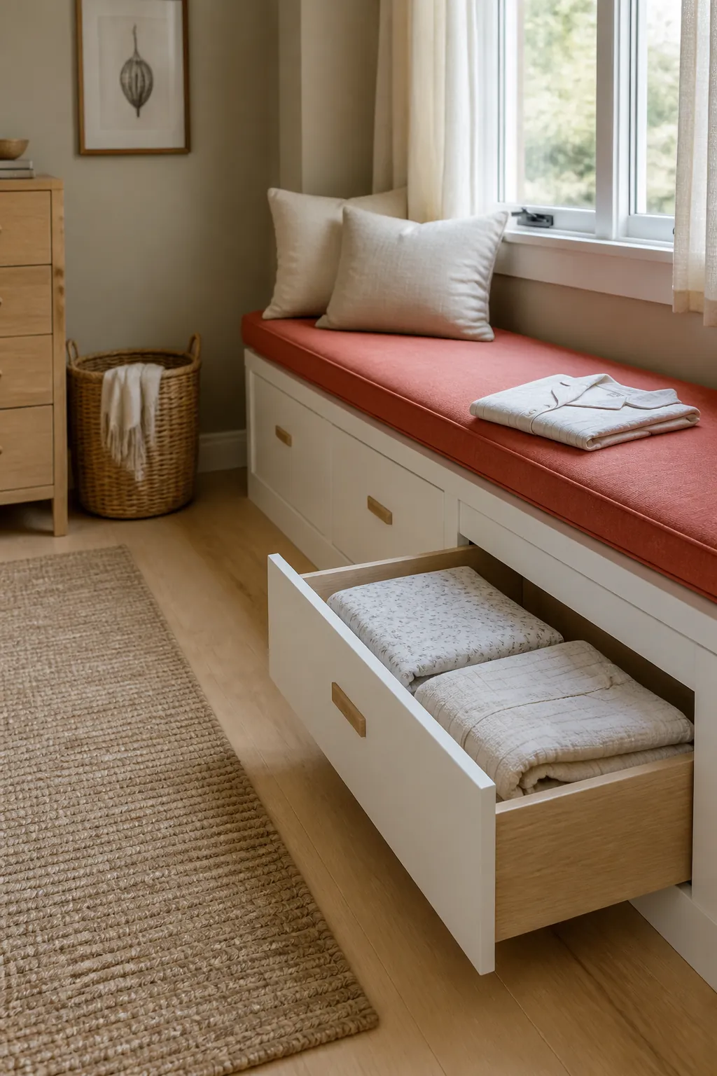 Bedroom window seat with accessible drawer storage
