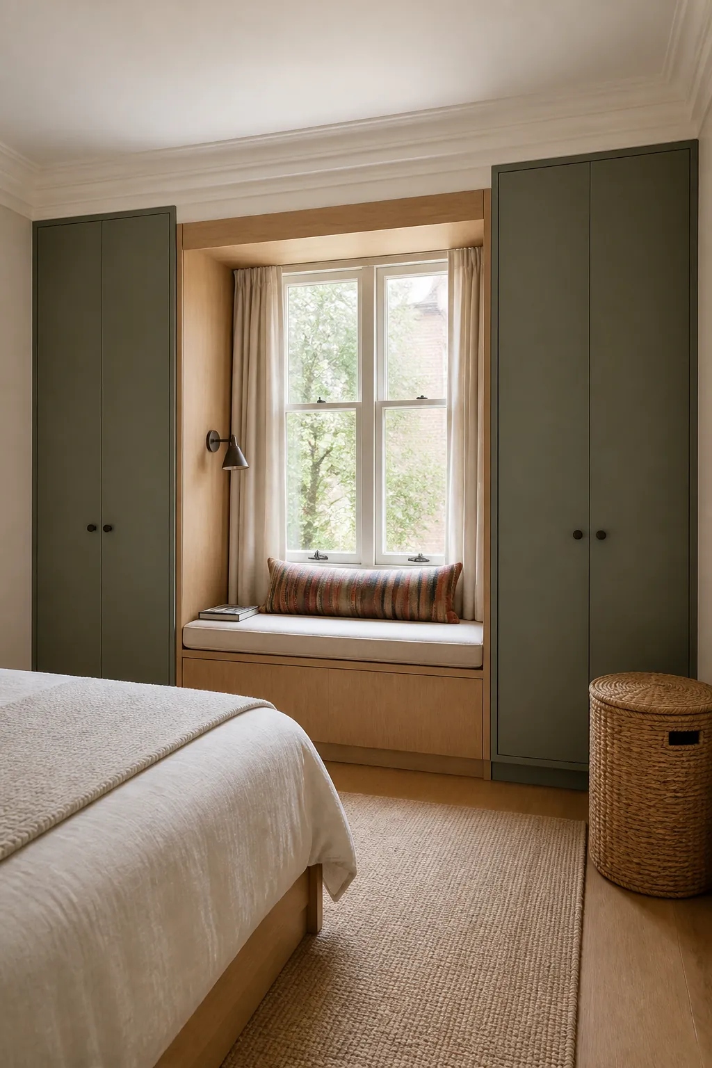 Built in wardrobe around a modern bedroom window seat