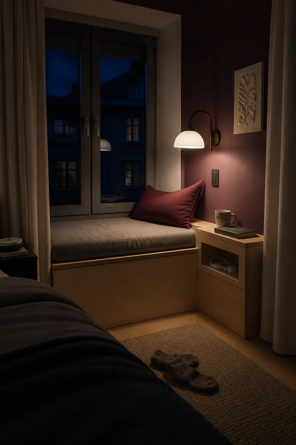 Bedroom window nook with warm practical evening lighting