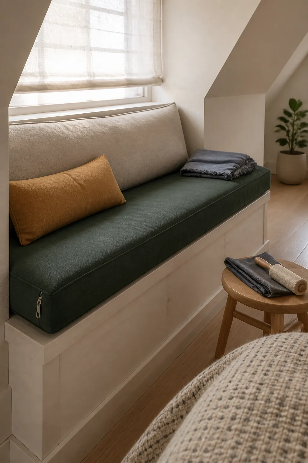 Cozy bedroom window seat with washable layered textiles