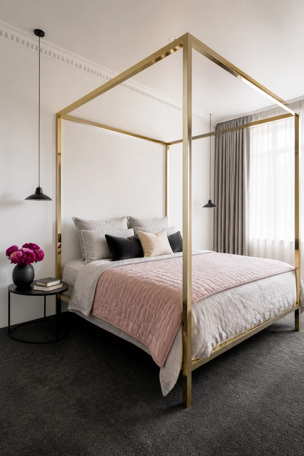 Soft minimalist bedroom with a slim rose-gold canopy bed and pale neutral bedding