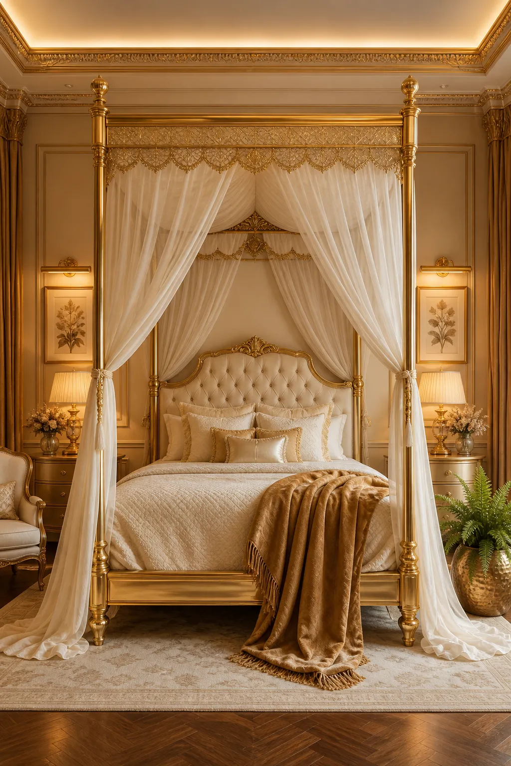 Gold canopy bed dressed with flowing white drapes in a bright romantic bedroom