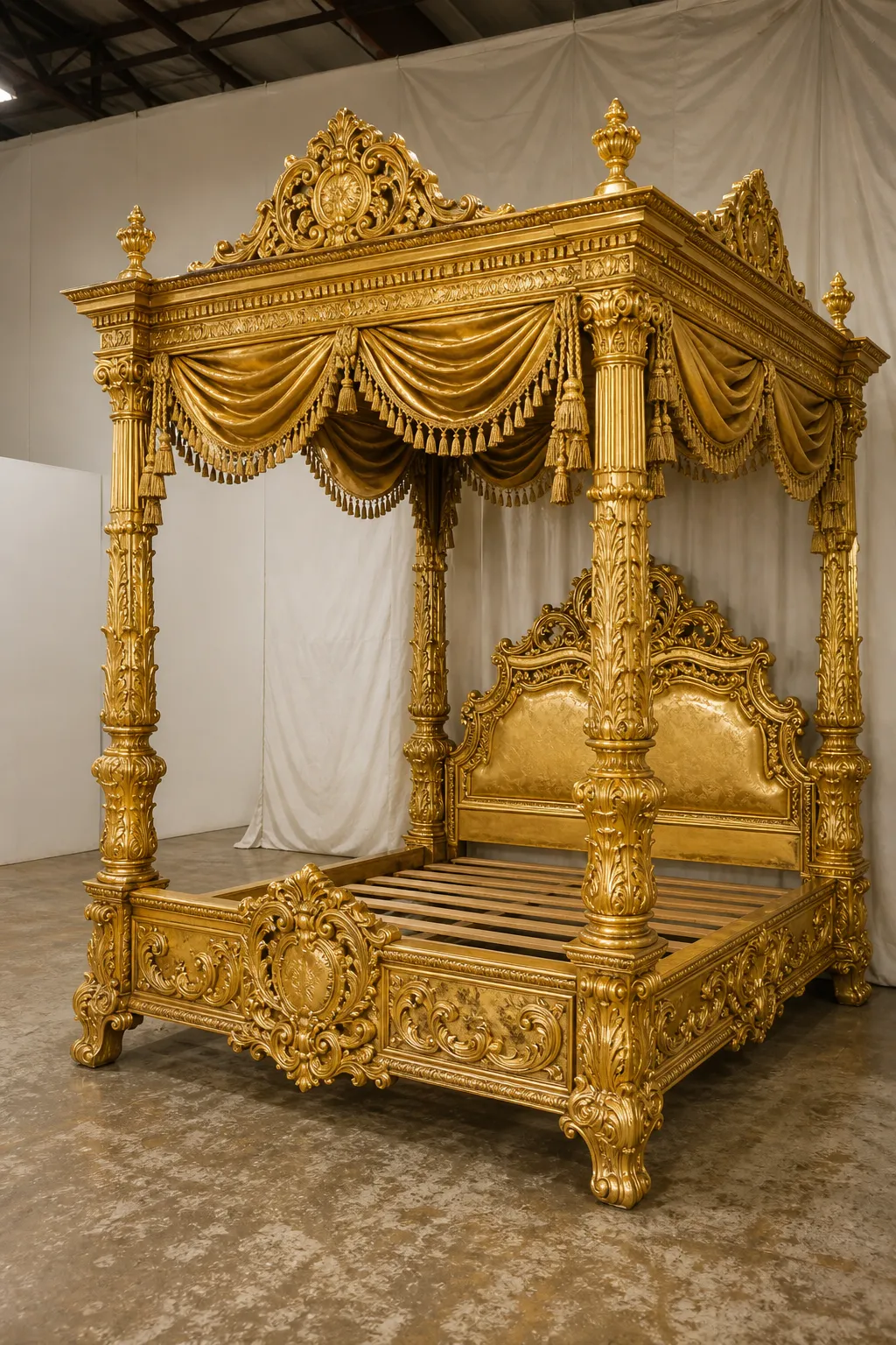 Ornately carved gold Baroque bed in an elegant old-world bedroom