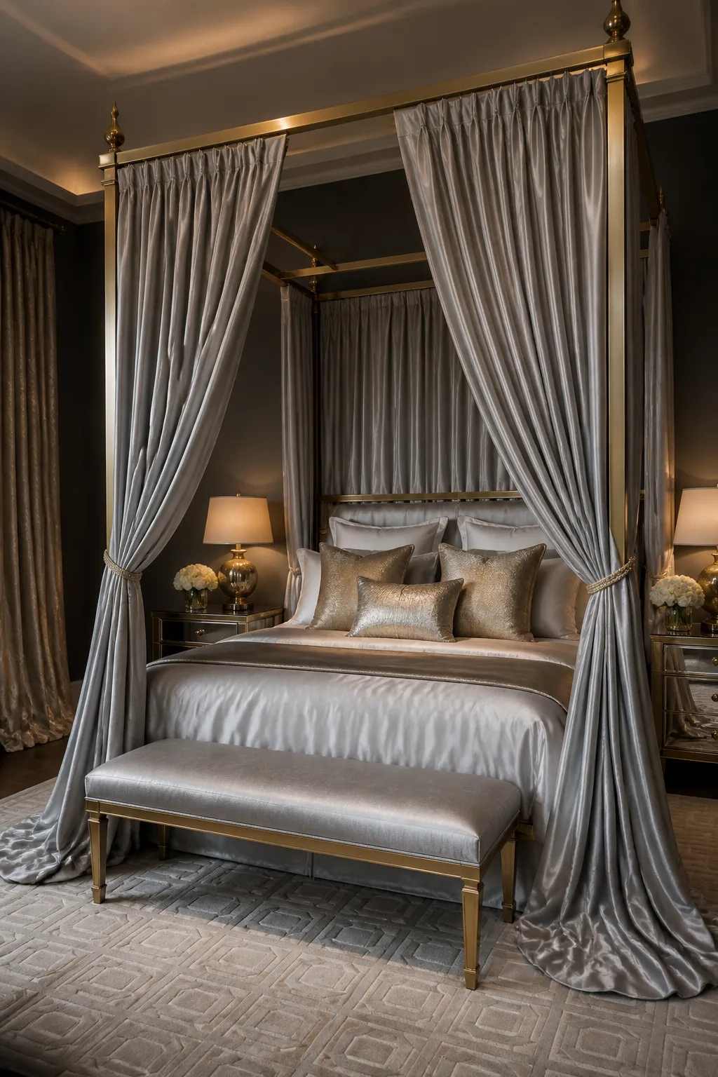 Luxurious bedroom blending a champagne-gold bed frame with silver decor accents
