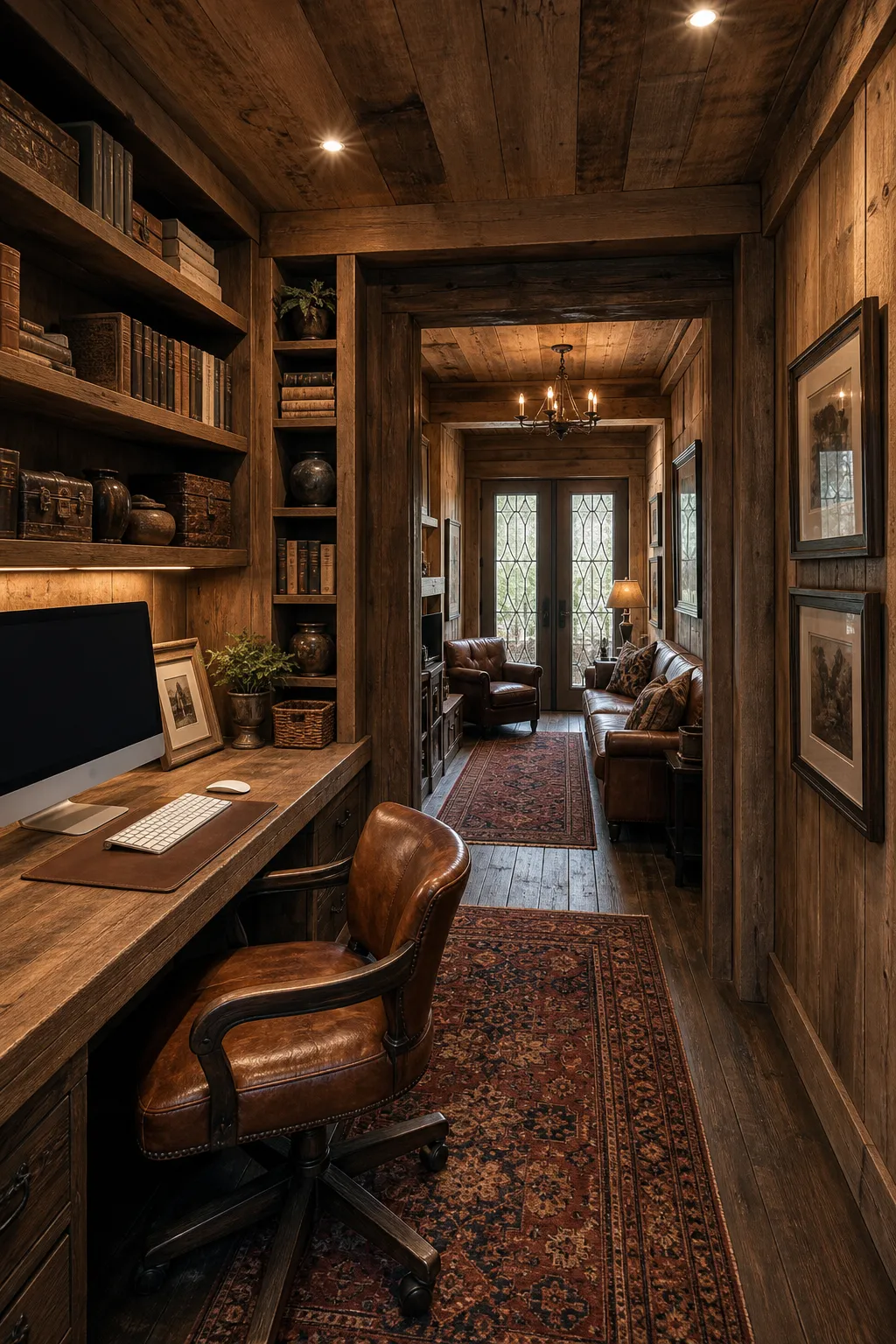 Cozy cabin-style home office with rustic wood-clad walls and a compact desk