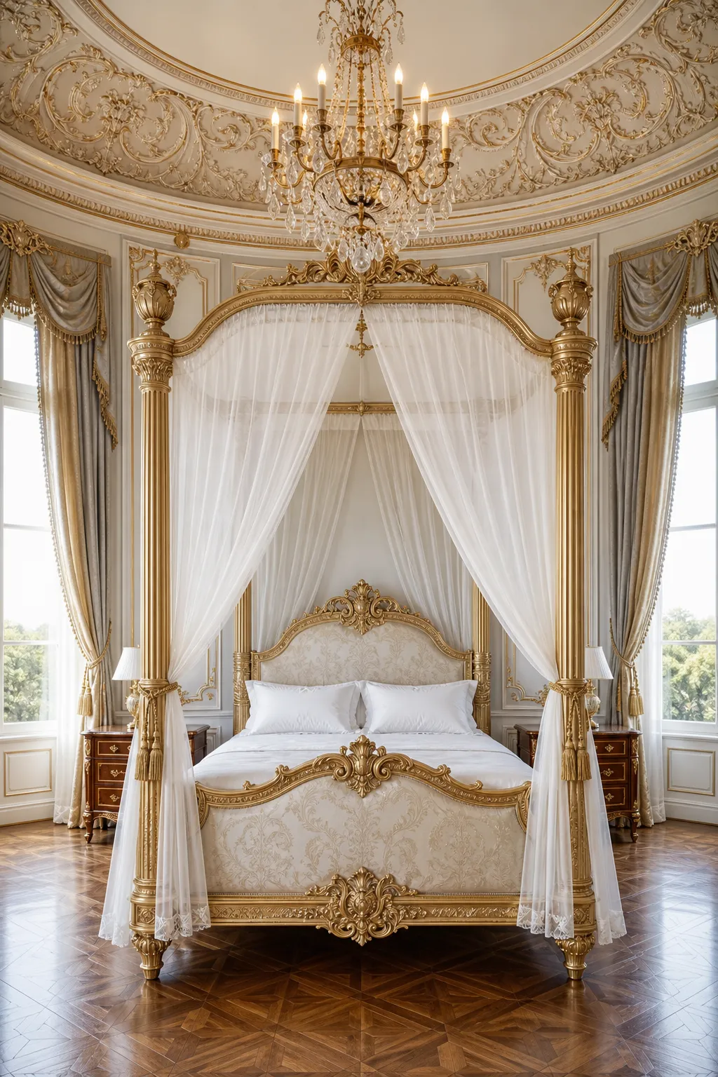 Regal neoclassical bedroom with a gold canopy bed, wall molding, and palace-inspired details