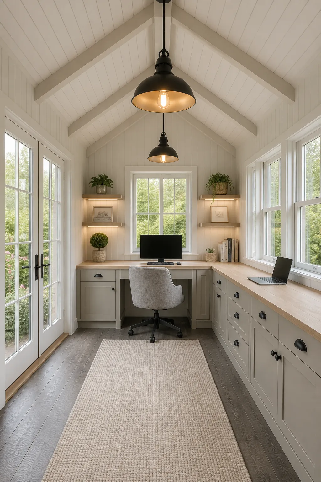 Narrow garden office lined with colorful built-in shelves and storage