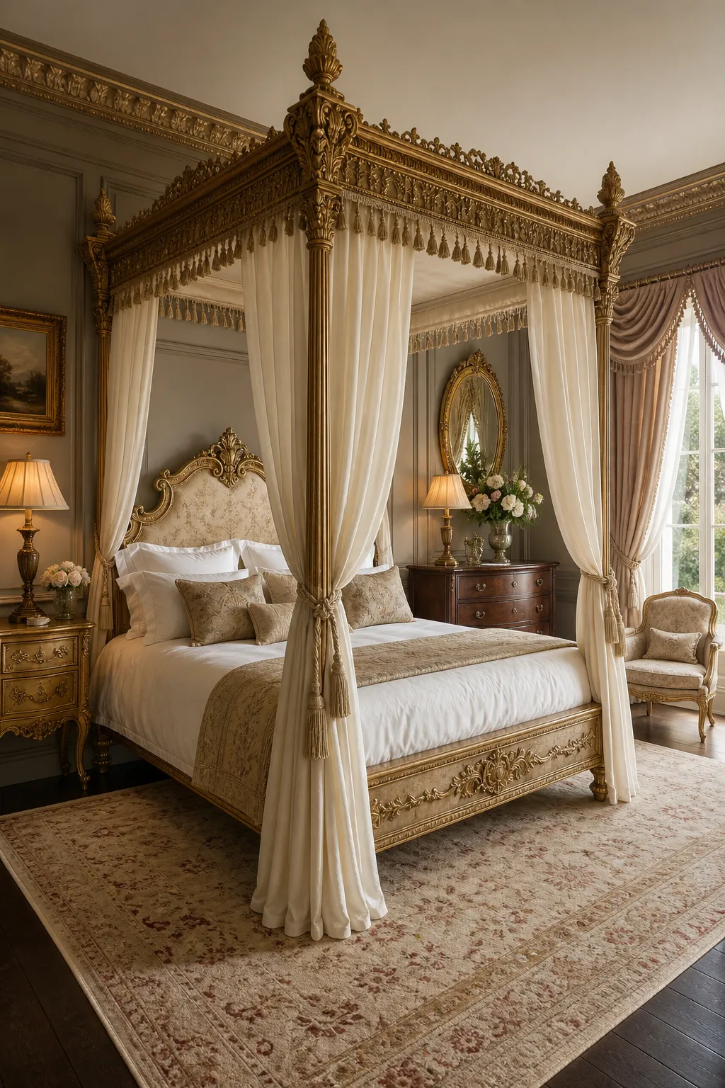 Ornate gold bed serving as the dramatic centerpiece of a luxurious bedroom
