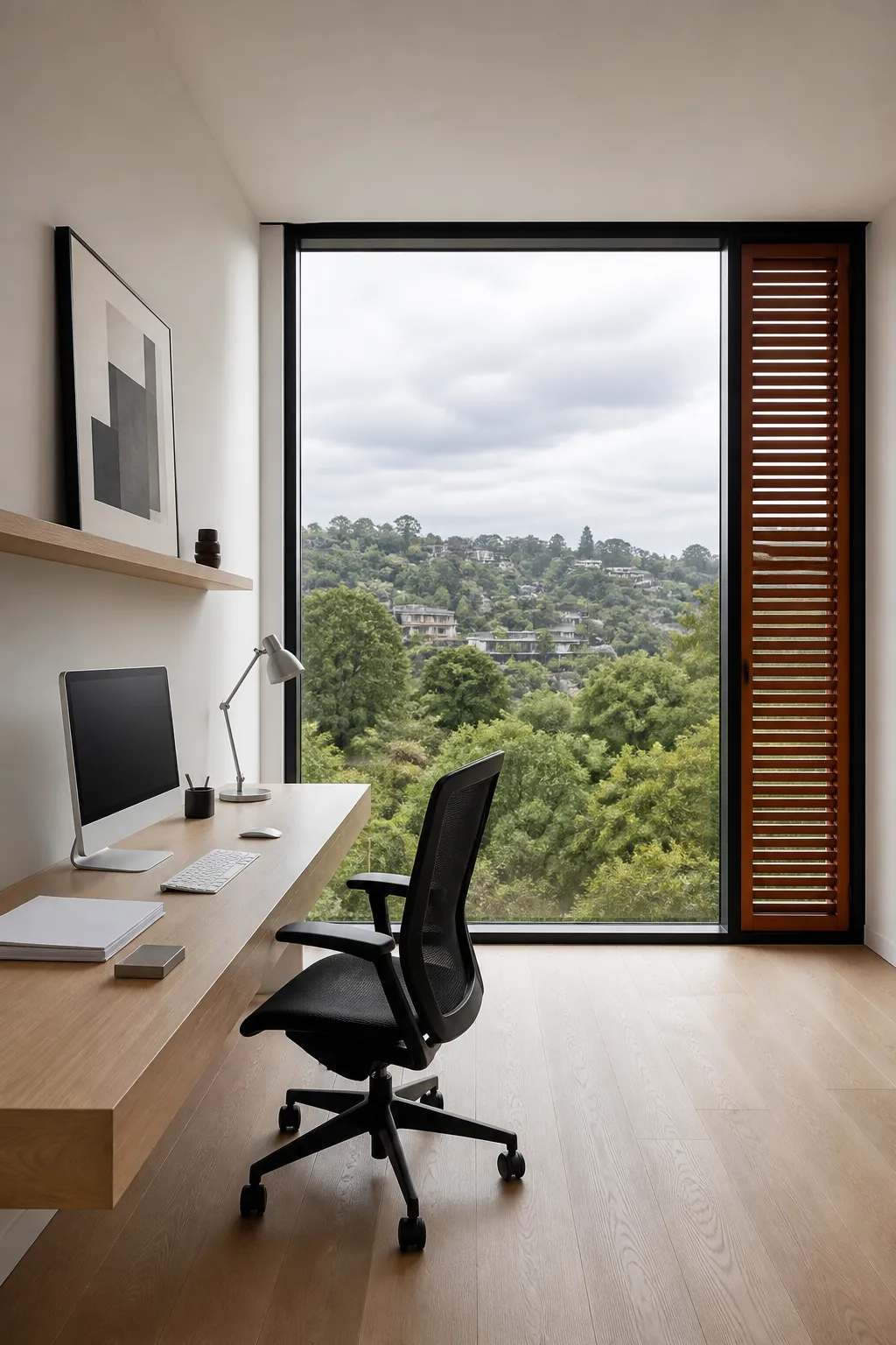 Minimal desk positioned beside a wide panoramic window overlooking the outdoors