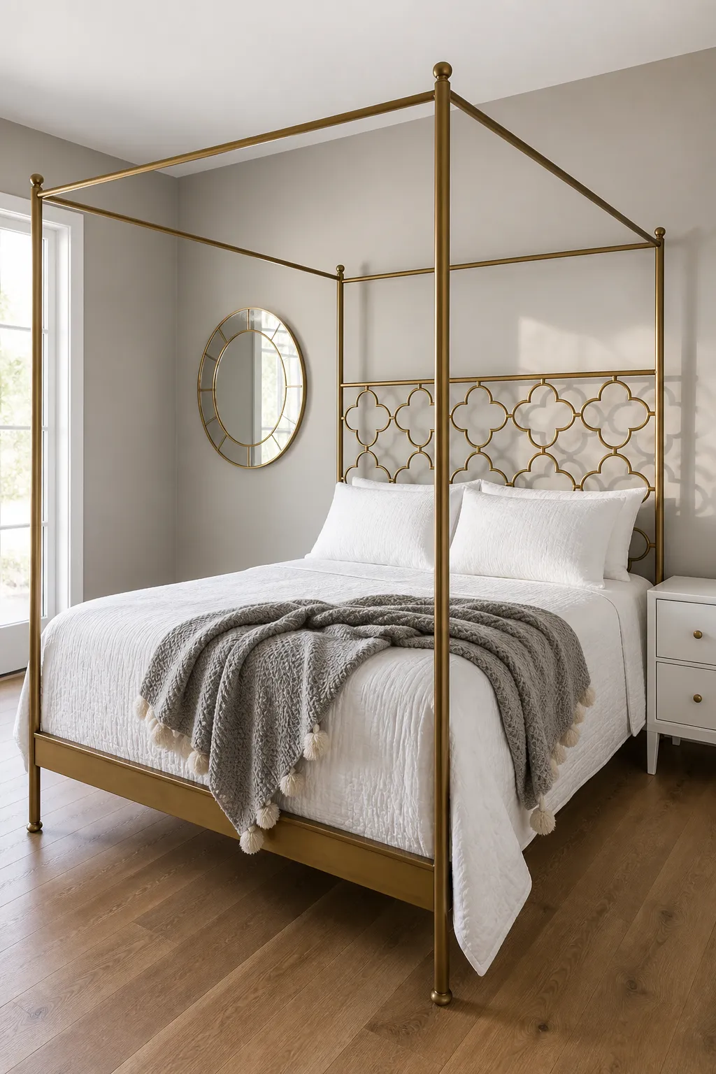 Modern brass canopy bed with quatrefoil accents in a sophisticated bedroom