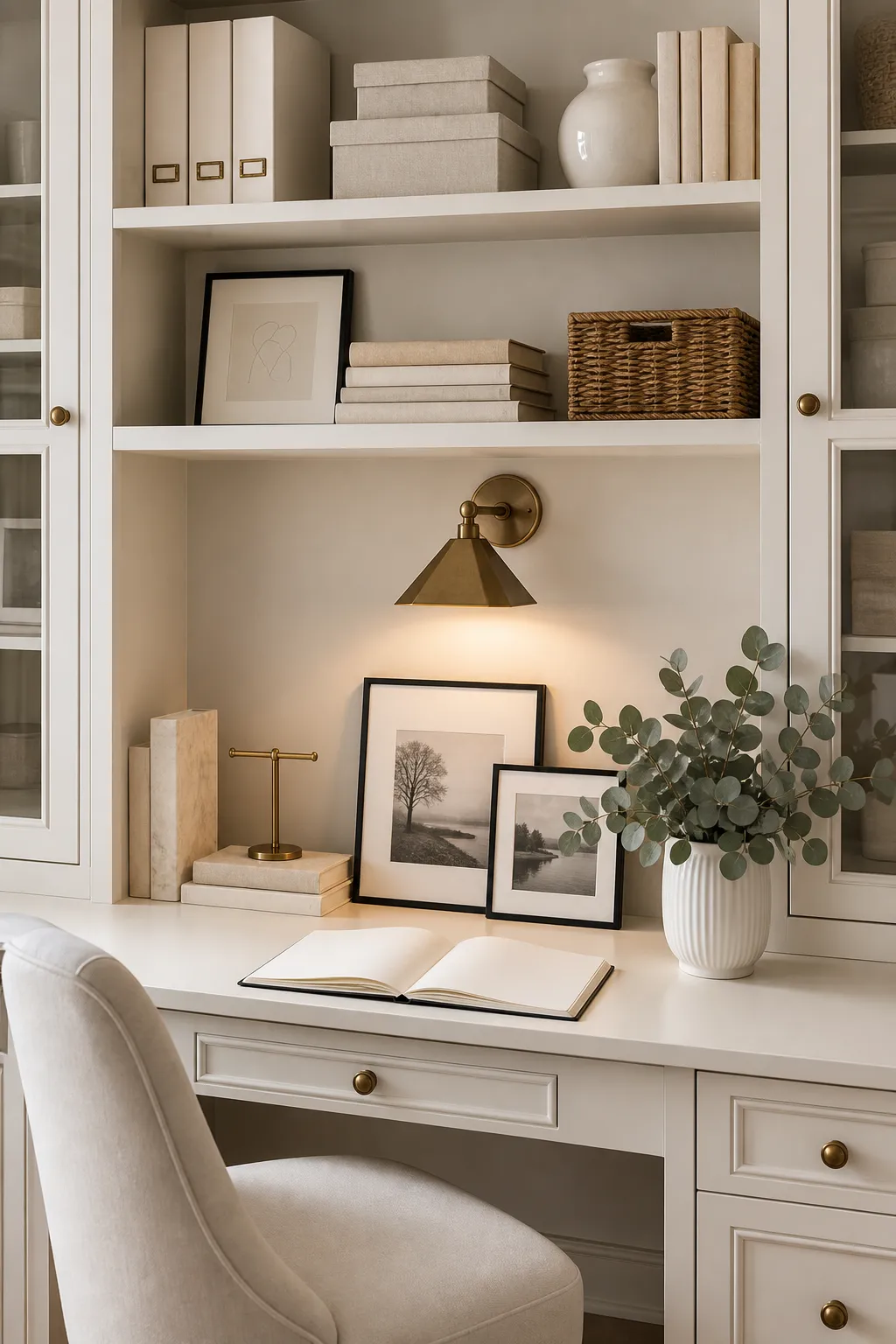 Elegant white built-in desk surrounded by floor-to-ceiling shelving